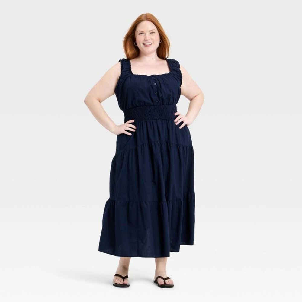 Women's Sleeveless Button-Front Smocked Maxi Empire Waist Dress - Navy Blue 2X